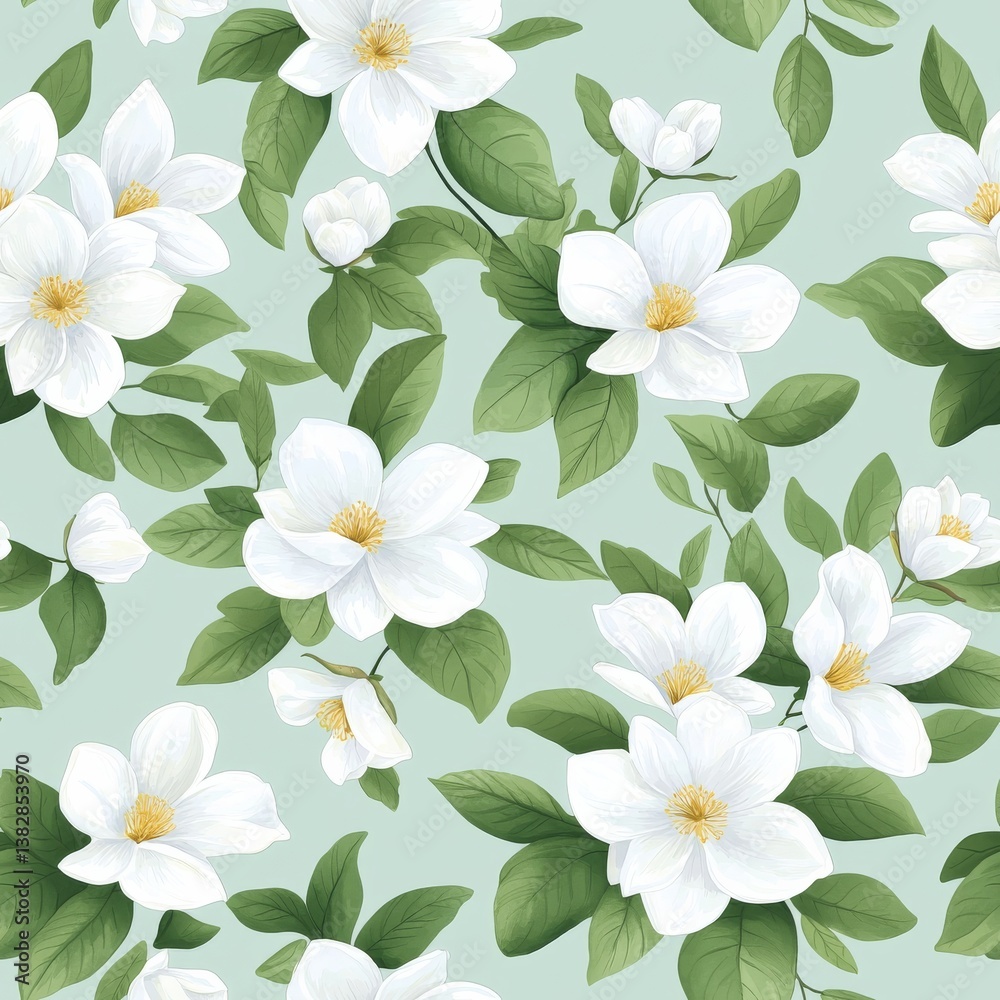 Obraz premium Seamless Floral Pattern Featuring Delicate White Flowers and Lush Green Leaves on Mint Green Background