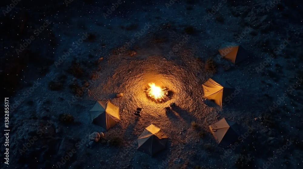 Camping Tents Circle Campfire Under Starry Night Sky Aerial View