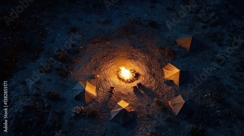 Obraz na płótnie Camping Tents Circle Campfire Under Starry Night Sky Aerial View w salonie