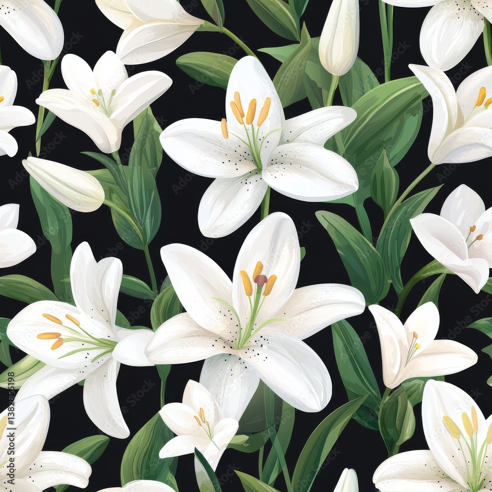 Obraz premium Seamless Pattern Featuring White Lilies with Green Leaves Against a Dark Background