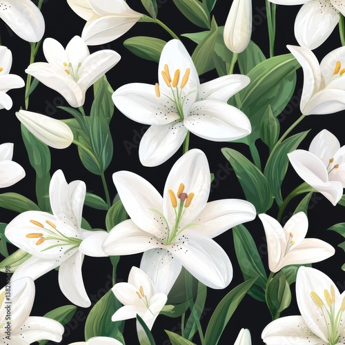 Seamless Pattern Featuring White Lilies with Green Leaves Against a Dark Background