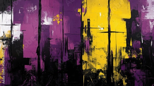 Dynamic abstract painting featuring contrasting blocks of deep purple and vibrant yellow, accented with bold black strokes and tex