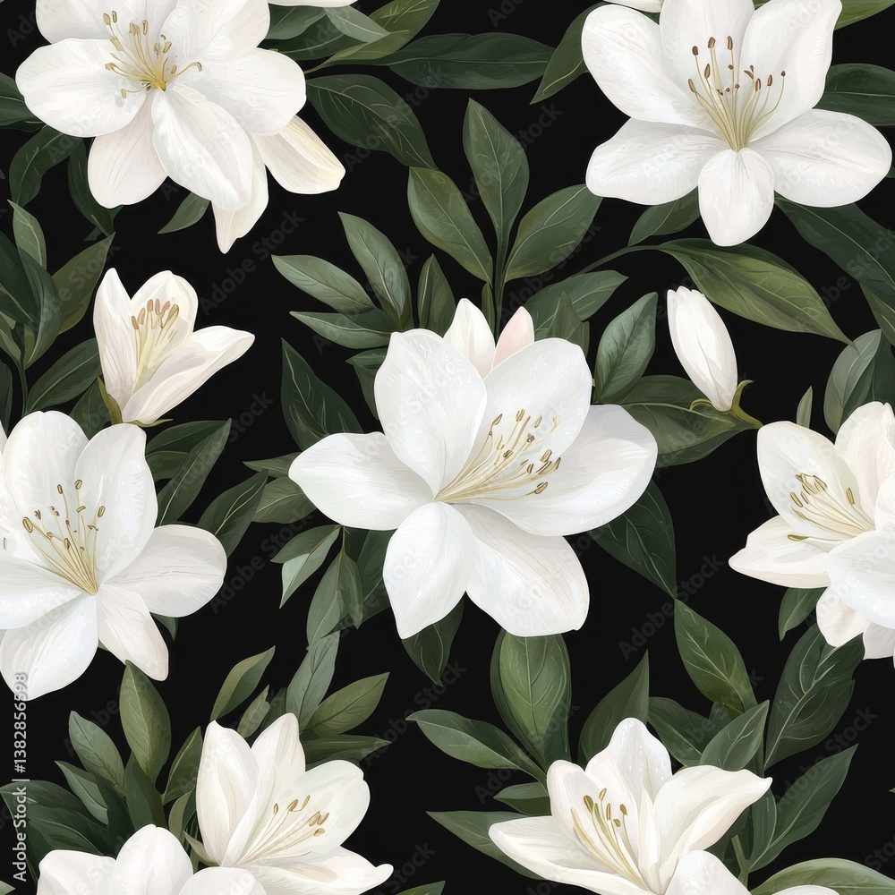 Seamless Pattern of Elegant White Lilies Surrounded by Lush Green Leaves on a Textured Dark Background Seamless Pattern of Elegant White Lilies Surrounded by Lush Green Leaves on a Textured Dark Background