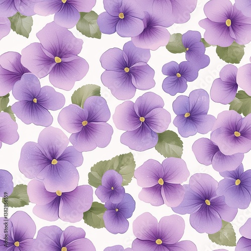Seamless Pattern of Delicate Purple Violets with Green Leaves on a Light Background