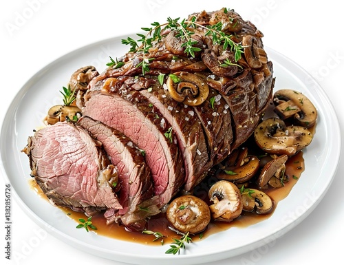 Sliced beef prime rib with mushrooms and herbs on a white plate, isolated on a transparent
