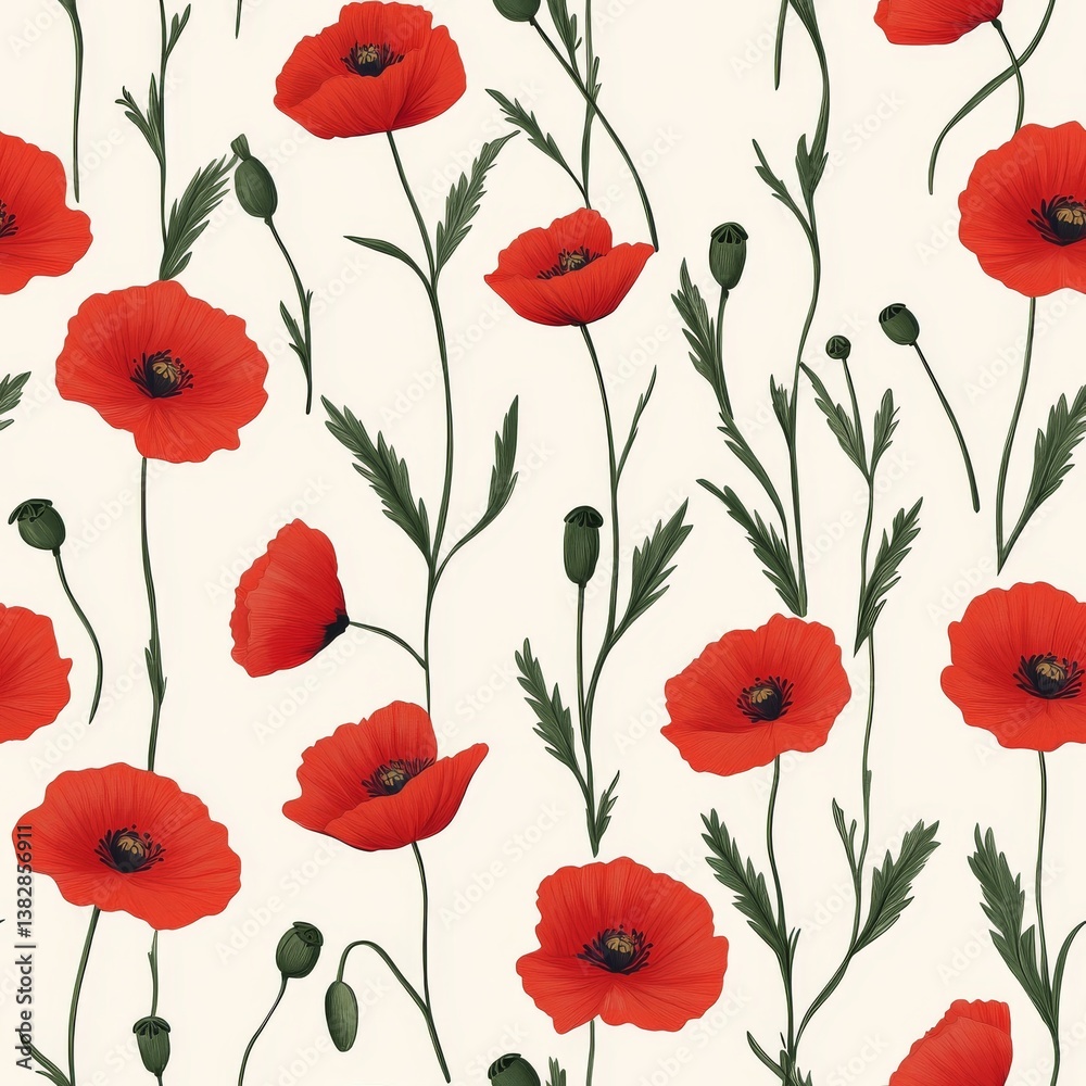 Seamless Pattern of Vibrant Red Poppy Flowers with Green Leaves on a Light Beige Background Seamless Pattern of Vibrant Red Poppy Flowers with Green Leaves on a Light Beige Background