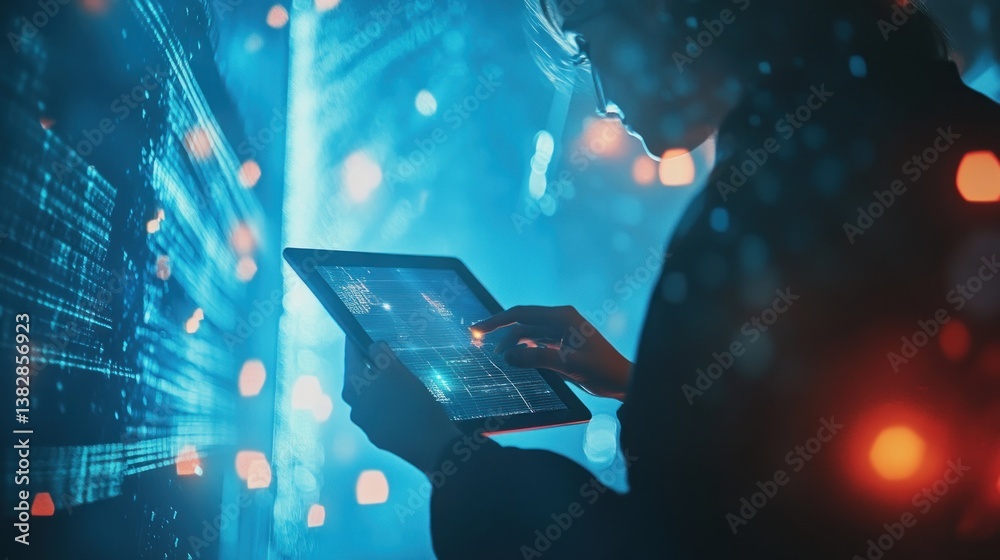 Person Using Tablet with Data Display in a Futuristic Setting