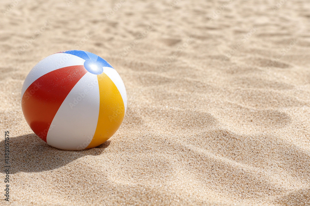 Obraz premium Colorful beach ball resting on warm sandy shore under a bright sun during a sunny summer day