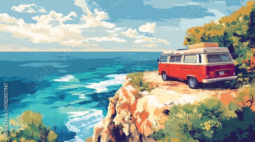 Van Parked on Cliff Overlooking Ocean with a Bright Sunny Sky