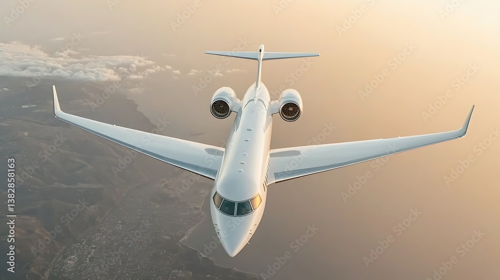 Fototapeta premium A jet soars through the sky, wings stretched wide above a coastal landscape bathed in warm light