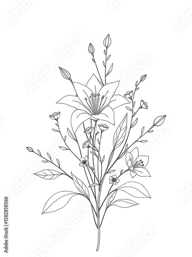 Wallpaper Mural Floral Line Art Bouquet, Botanical Illustration, Flower Design, Elegant Flower Drawing, Modern Art Print, Natural Decor, Flower Arrangement, Black and White Art, Botanical Sketch Torontodigital.ca