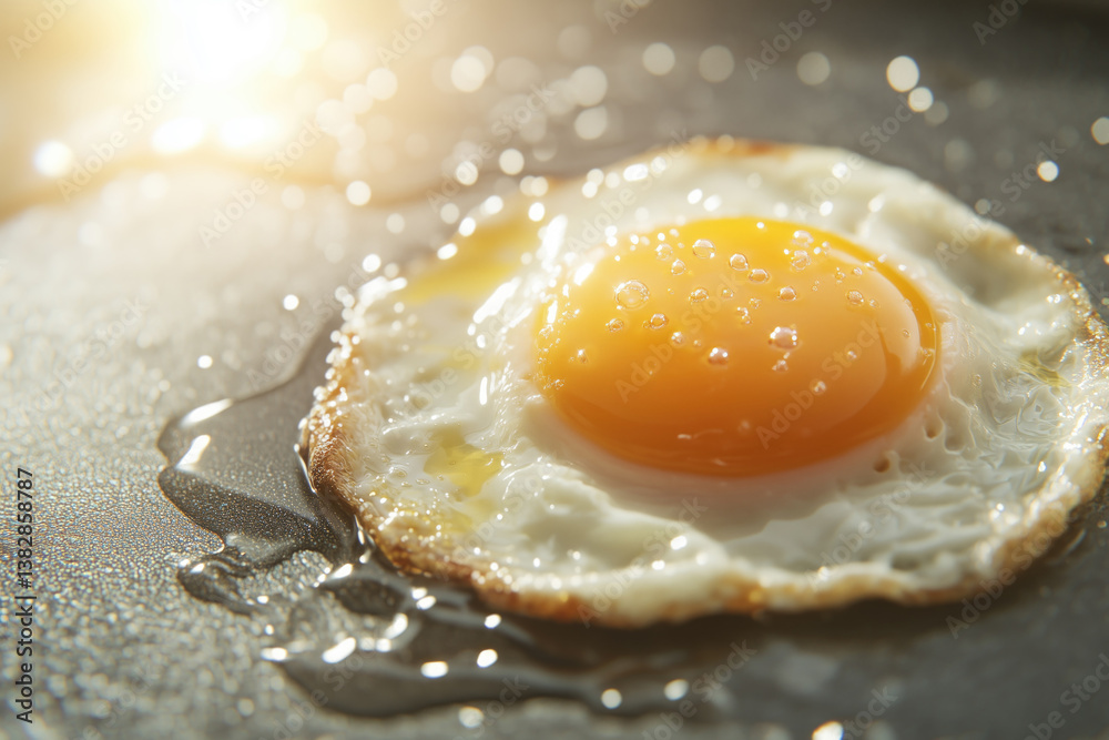 Cooking a sunny side up egg on a skillet with a warm glow in the morning