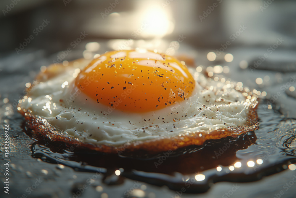 Cooking a sunny side up egg on a skillet with a warm glow in the morning