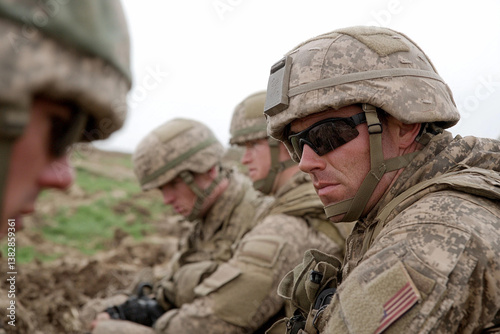Close-up of military personnel studying a tactical map in a combat environment during a mission preparation