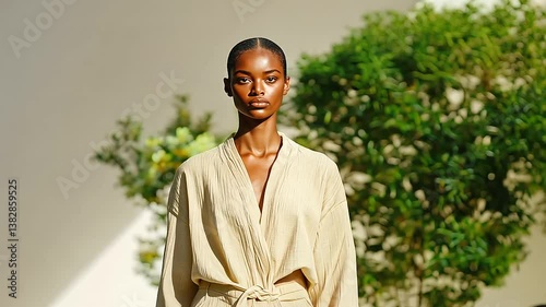 Sustainable Fashion Model in Organic Cotton Outfit on Runway