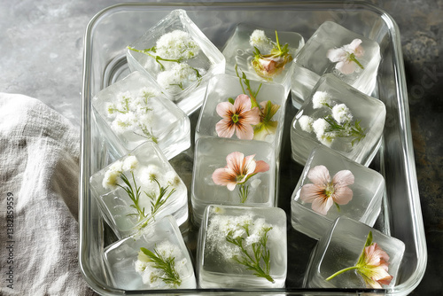 Elegant flower ice cubes arranged on a glass tray