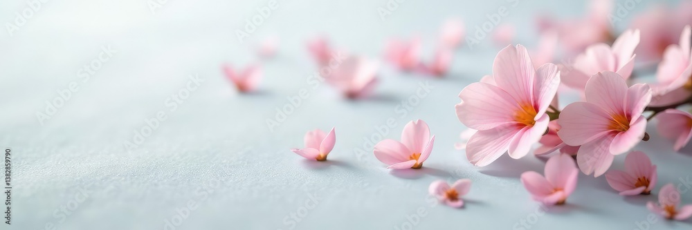 Fototapeta premium Tiny and delicate flower petals on a light gray background, subtle, small