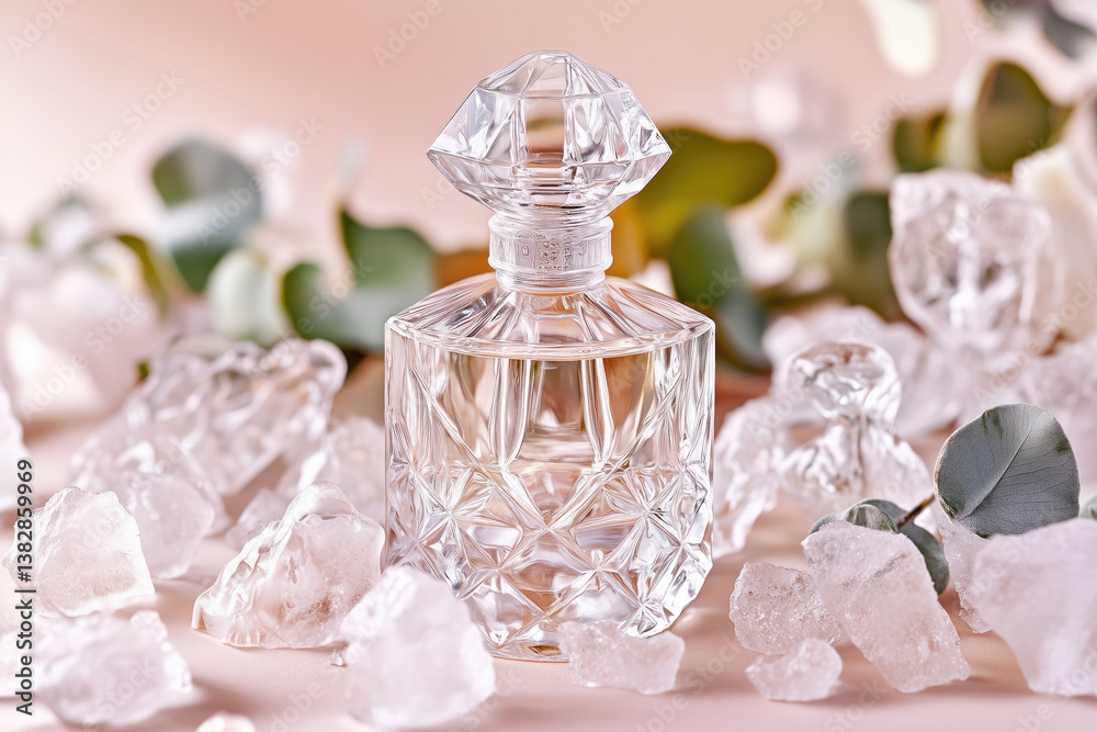 Elegant perfume bottle surrounded by ice and greenery