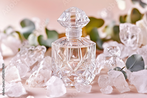 Obraz na płótnie Elegant perfume bottle surrounded by ice and greenery w salonie