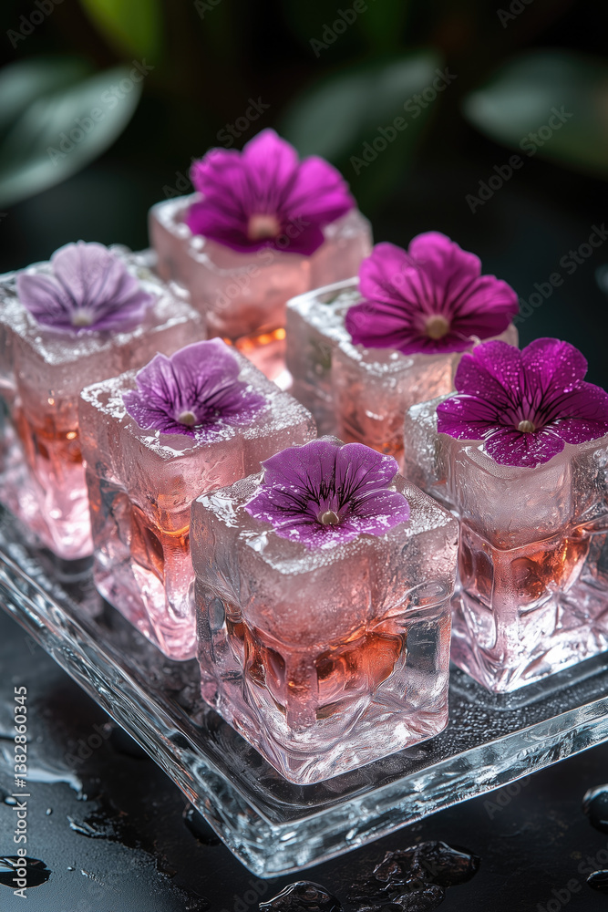 Colorful floral ice cubes in a clear tray for a refreshing drink experience