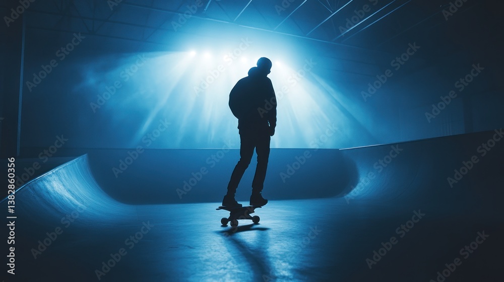 Skateboarder Riding in Indoor Skatepark with Dramatic Lighting and Silhouette