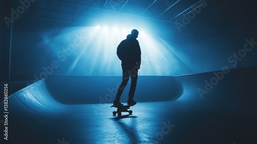 Obraz na płótnie Skateboarder Riding in Indoor Skatepark with Dramatic Lighting and Silhouette w salonie