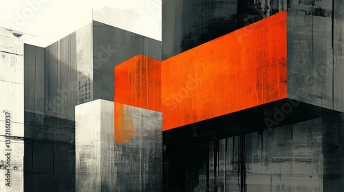 Abstract architectural forms create a complex and dynamic composition with contrasting colors and textures using geometric patterns.