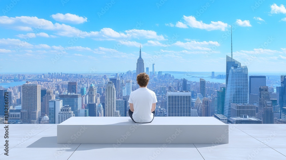 Obraz premium A person adjusting to city life after moving from a small town, standing among skyscrapers with a mix of excitement and awe
