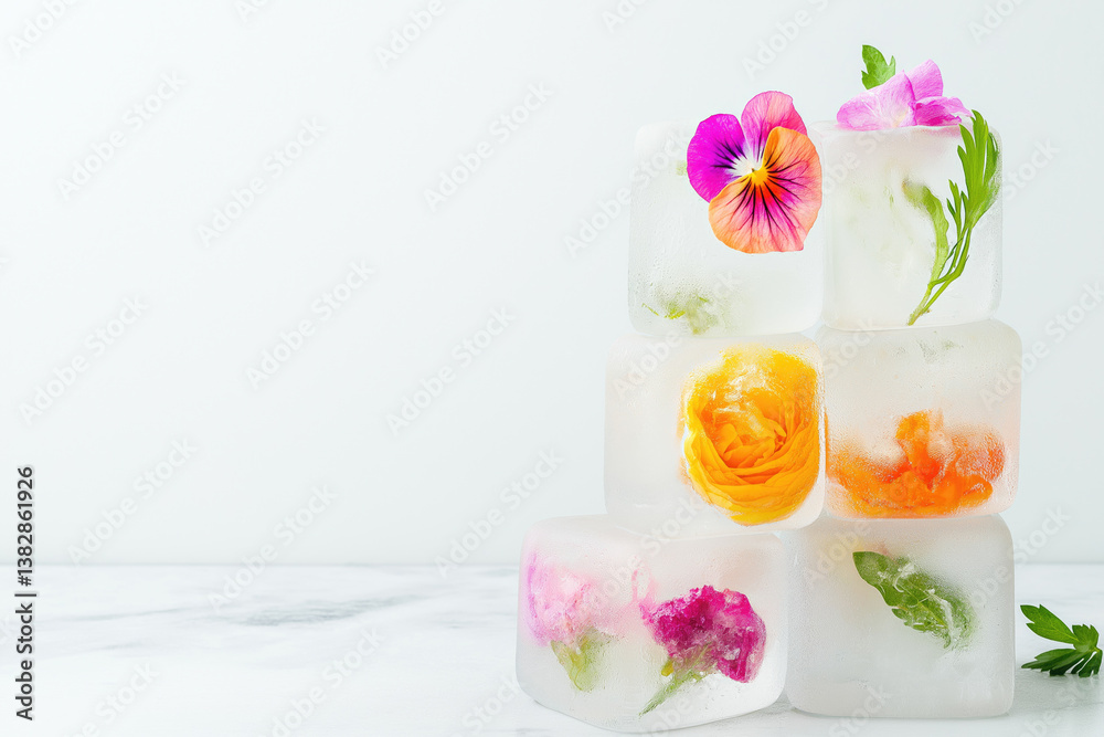 Colorful ice cubes with edible flowers and herbs