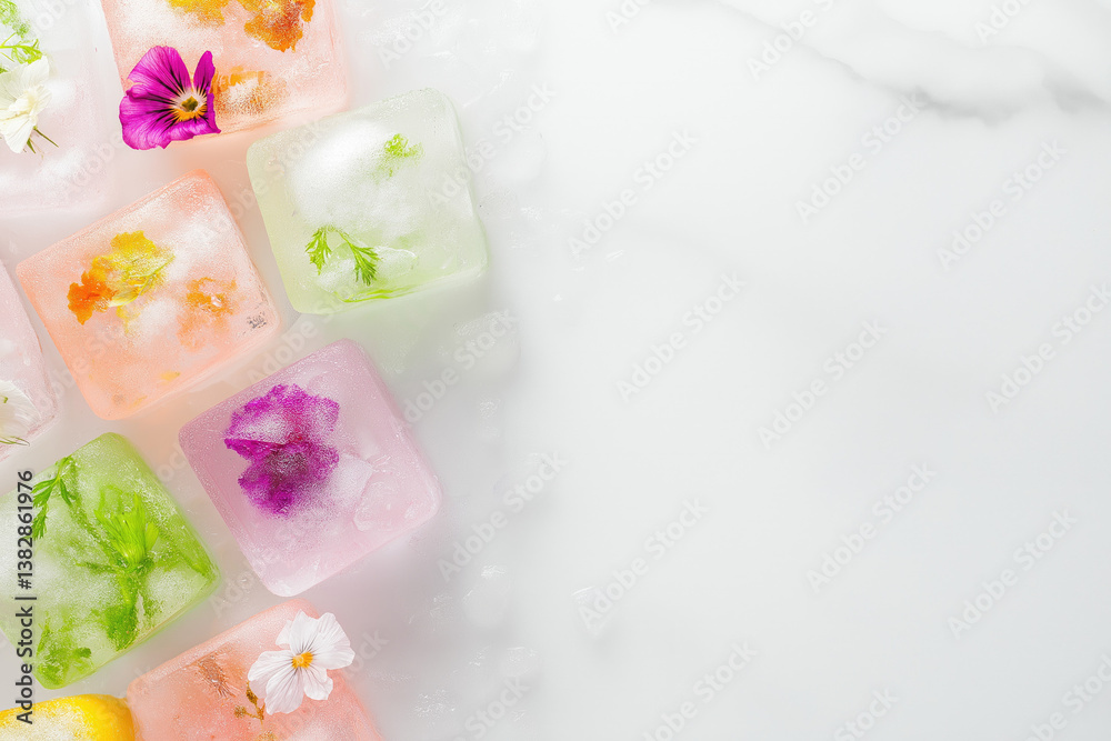 Colorful ice cubes with edible flowers and herbs