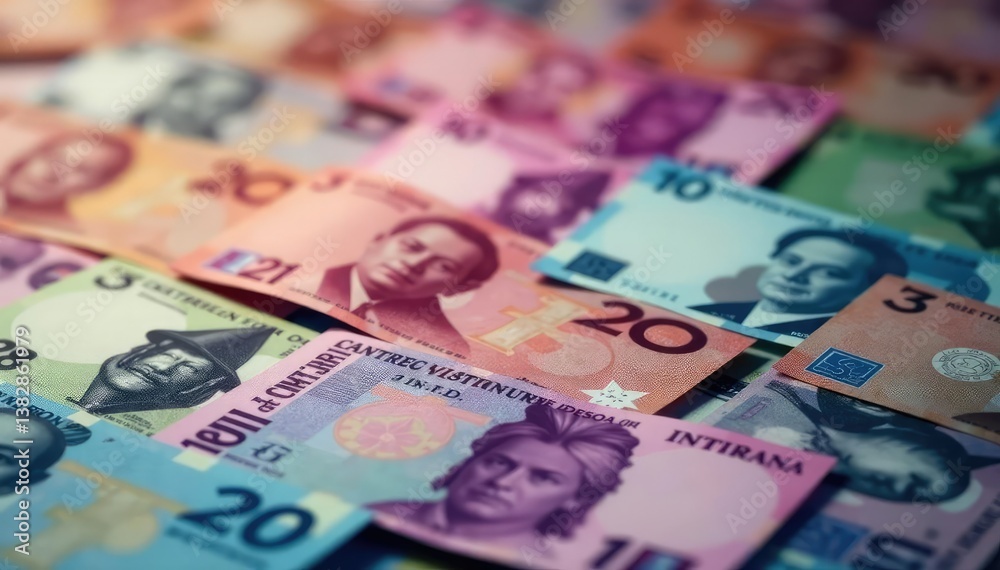 Obraz premium Abstract blurred background with various currency notes, bills, texture background