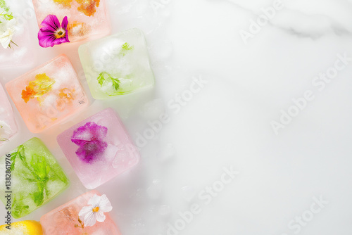 Obraz na płótnie Colorful ice cubes with edible flowers and herbs w salonie