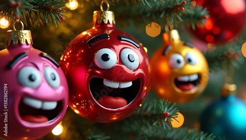 Festive Christmas tree decorated with colorful animated baubles with funny expressions.