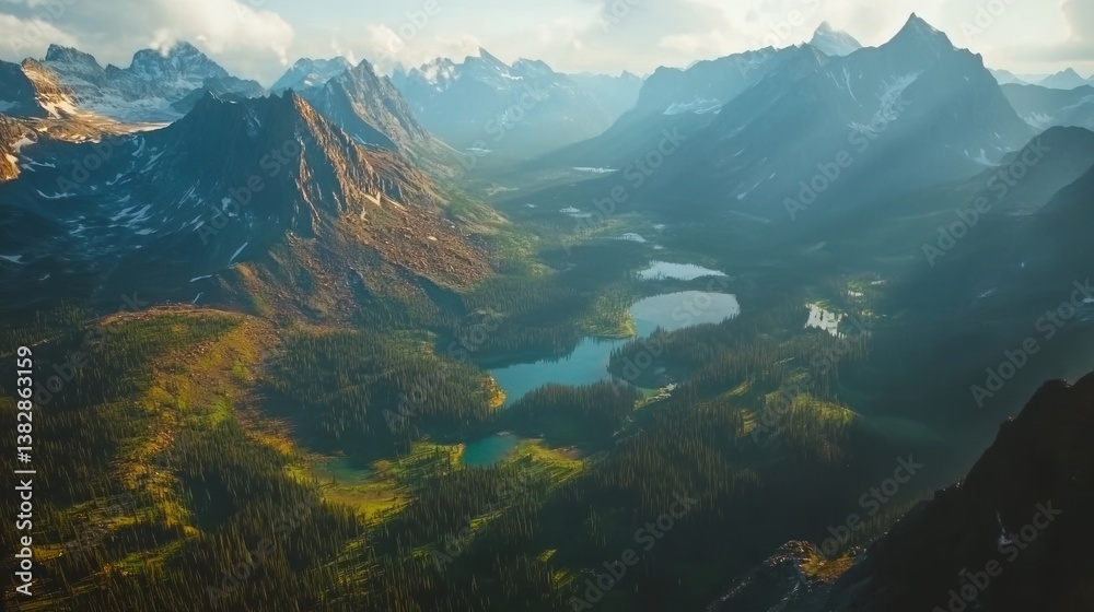 Aerial View of Majestic Mountains and Lush Valley with Lakes