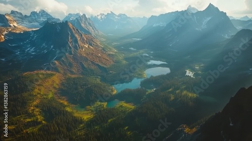 Obraz na płótnie Aerial View of Majestic Mountains and Lush Valley with Lakes w salonie