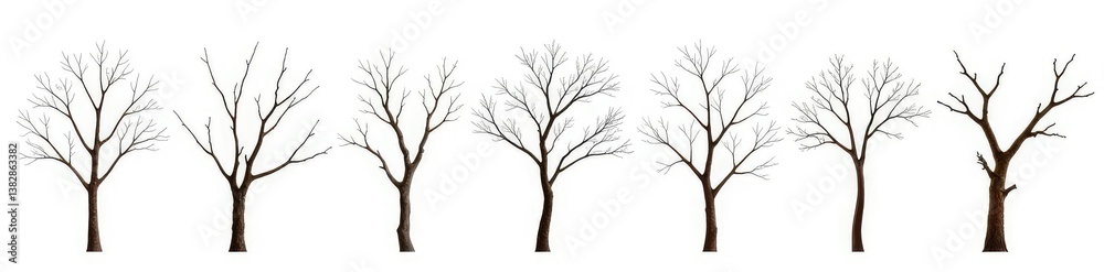 Obraz premium An assortment of bare branches with different textures isolated on a white background, natural tones, rough bark