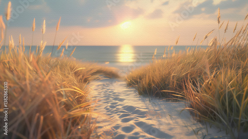 Atardecer en la playa con dunas y hierba dorada.
