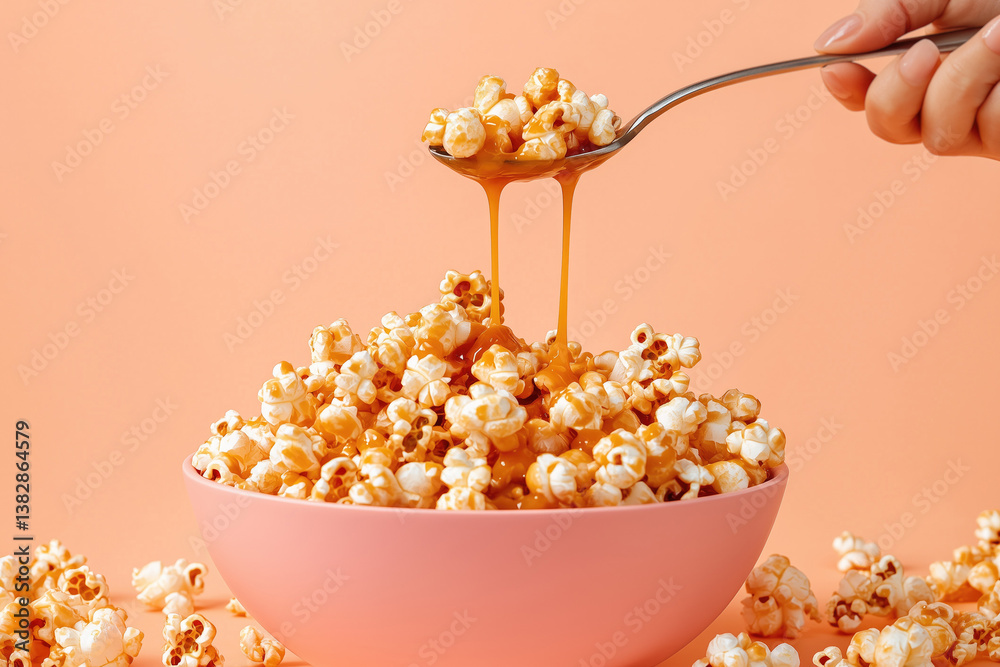 Popcorn in a bowl with caramel on a pink background.