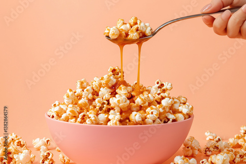 Obraz na płótnie Popcorn in a bowl with caramel on a pink background. w salonie