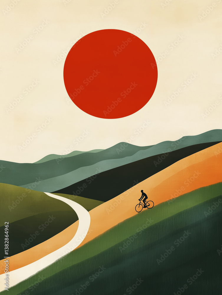 Cyclist riding through hills under a large red sun in a minimalist landscape