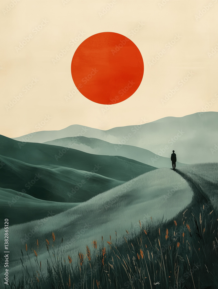 Person walking on a winding path in the hills with a large red sun