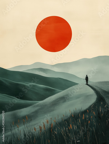 Obraz na płótnie Person walking on a winding path in the hills with a large red sun w salonie