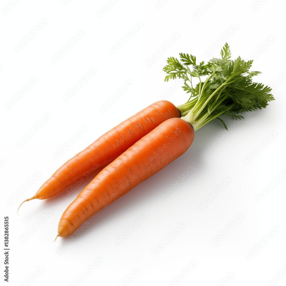 Two Fresh Organic Carrots with Greens on White Background Two Fresh Organic Carrots with Greens on White Background