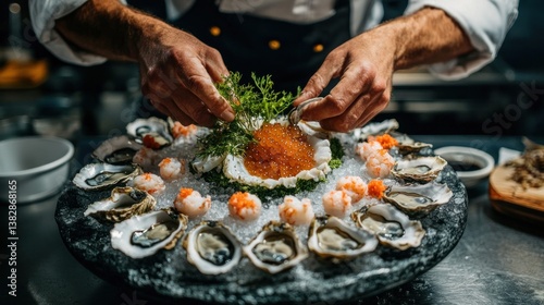 Chef Preparing Seafood Platter with Oysters Caviar and Shrimp Ice