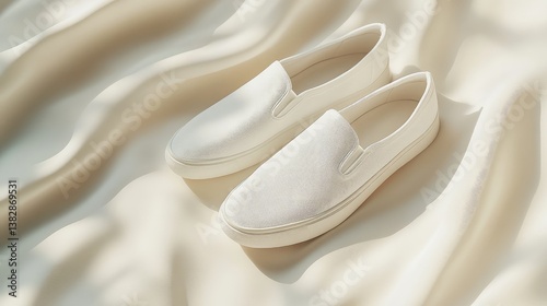 A modern pair of white slip-on shoes resting on a soft cream background, clean and stylish.