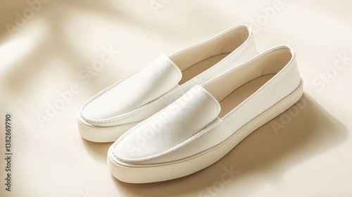 A modern pair of white slip-on shoes resting on a soft cream background, clean and stylish.