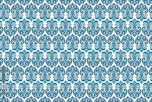 seamless blue ornamental pattern with classic floral elements for trendy girls’ clothes and luxury home decor


