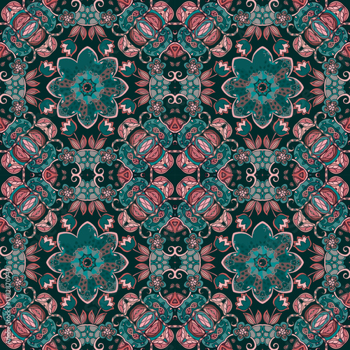Amazingly beautiful floral pattern in ethnic style. Seamless pattern in transformative teal and beige tones. Print for fabric.