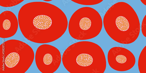 Abstract Red Flowers Oval Shapes on Light Blue Background