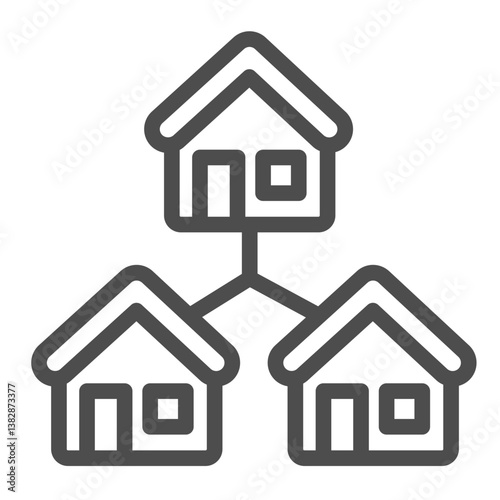 Network with three houses line icon, remote work concept. Vector graphics. Display and cottage building, local network sign on white background, outline style icon for mobile or web design.